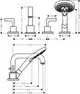 Armatur für Badewanne mit vier Anschlüssen und Hebelgriffen, präsentiert von AXOR. Technische Zeichnung mit Abmessungen und spezifischen Details zur Installation.